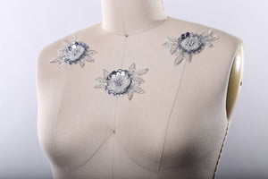 1 Silver Sequined Rose Beaded Leafs with Central Beading Patch Applique