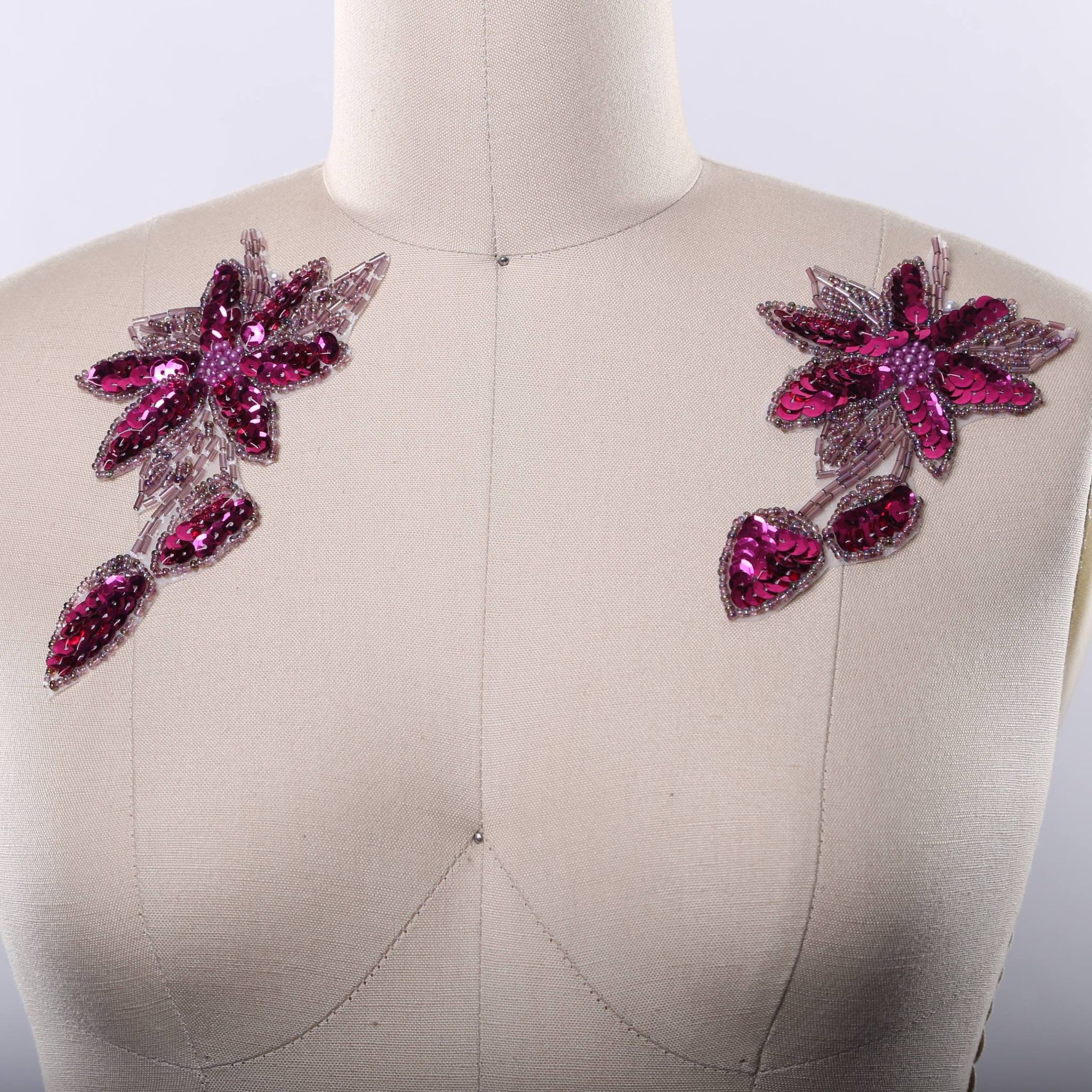 2 Magenta Sequined and Beaded Flower Patches