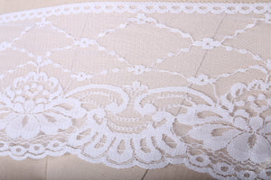 2 Yards White and Black Floral and Crossed Polyester Lace Trim, Scalloped On One Side