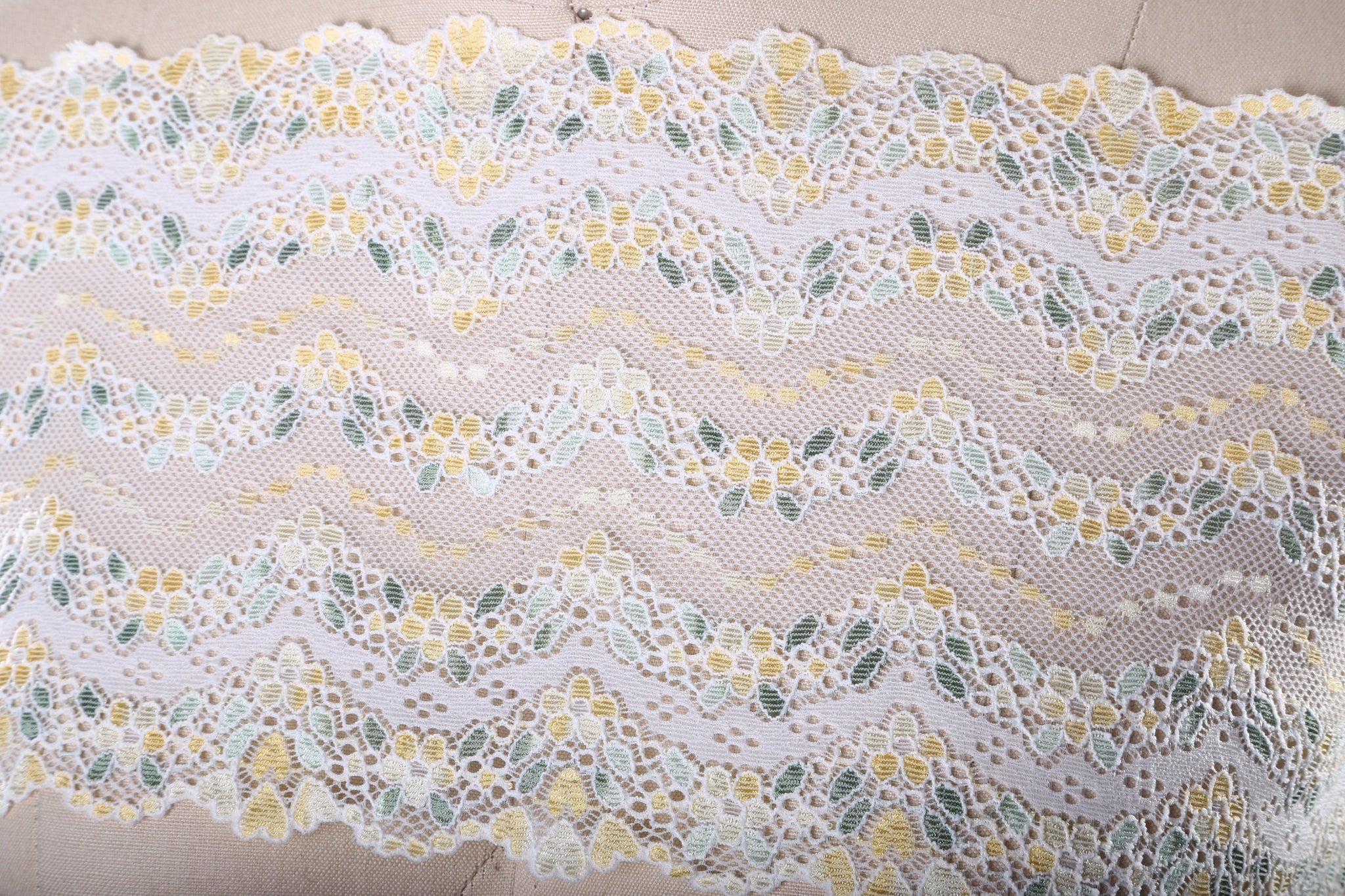 1 Yard 7" Lemony Flowers with Varying Green Colors Stretch Lace Trim