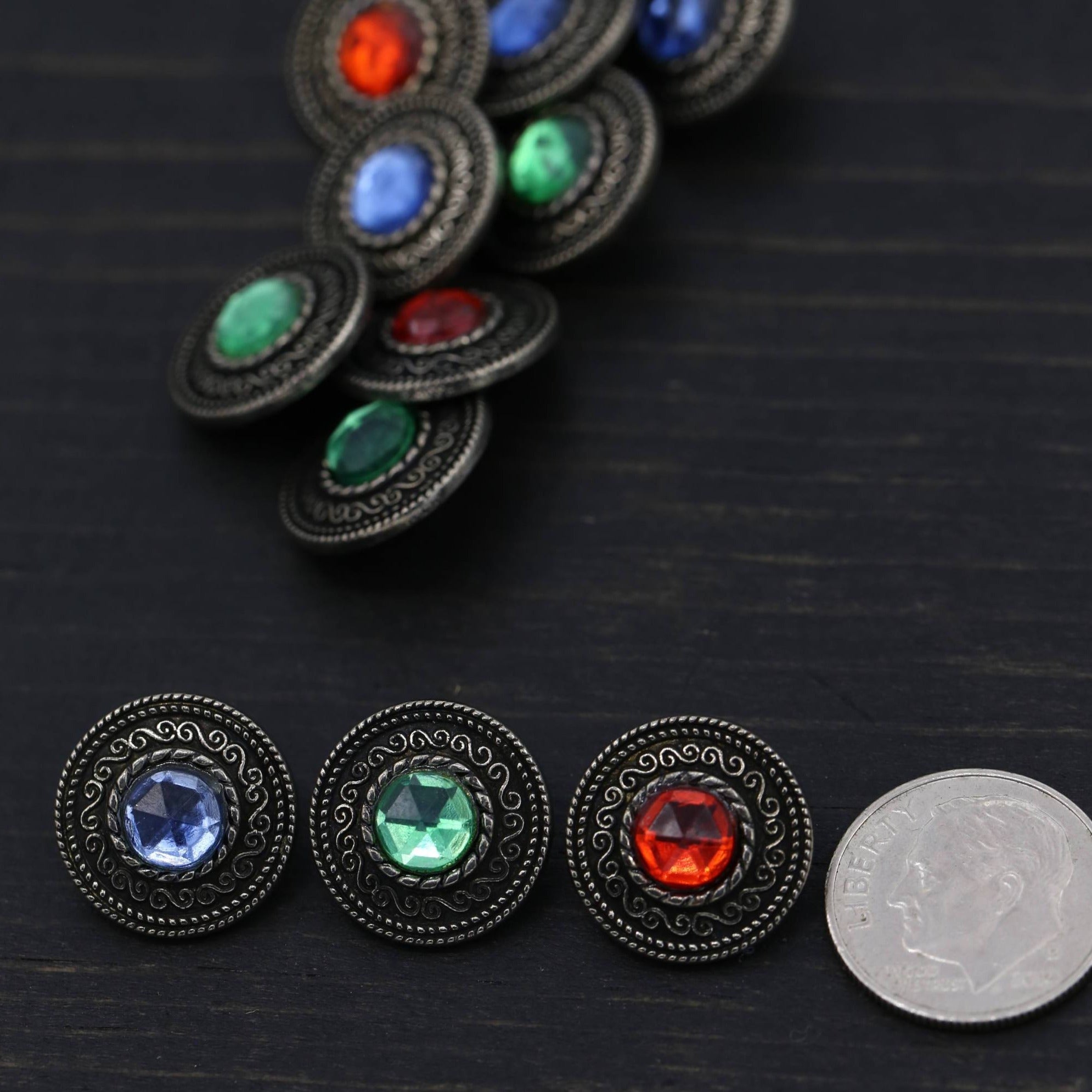 4 Red Blue Green or Yellow Acrylic Gemstone Gunmetal Metal Backing Button