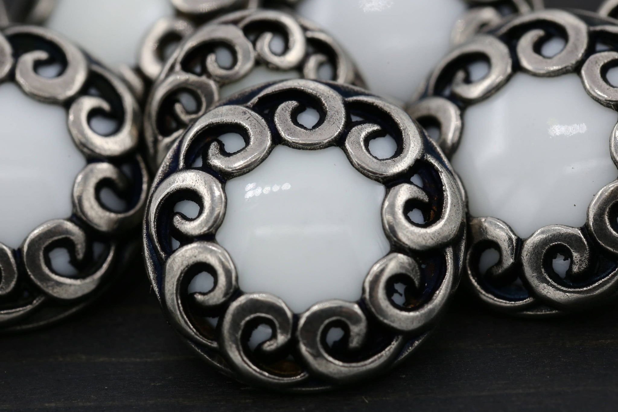 12 White with Silver Whirlwind Decorative Plastic Button