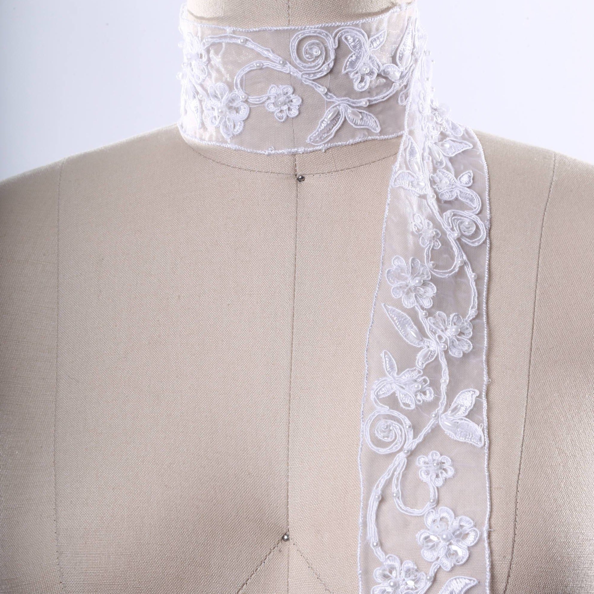 1 Yard White Beaded Flower and Swirl Delicate Chiffon Bridal Versatile Lace Trim