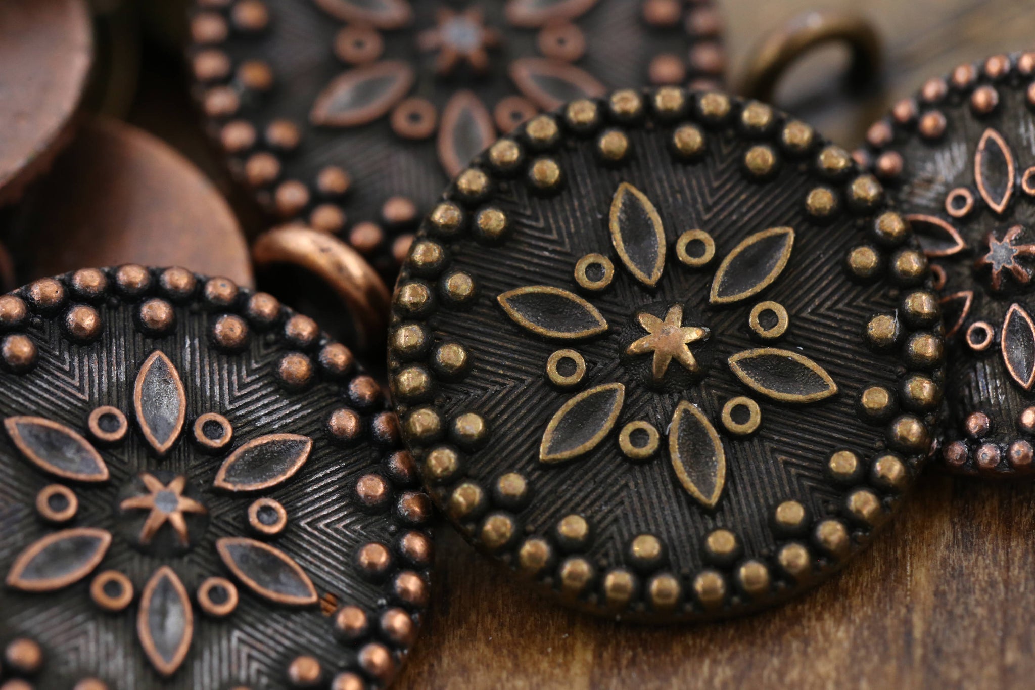 4 Bronze Copper Flower Design Metal Button