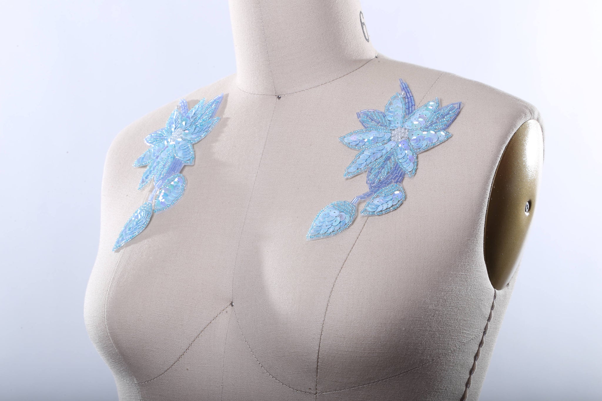 2 Baby Blue Sequined Flower Patches/Appliques