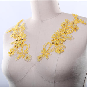 2 Beaded and Lace Yellow Appliques Filled with Pearl-Like Beads