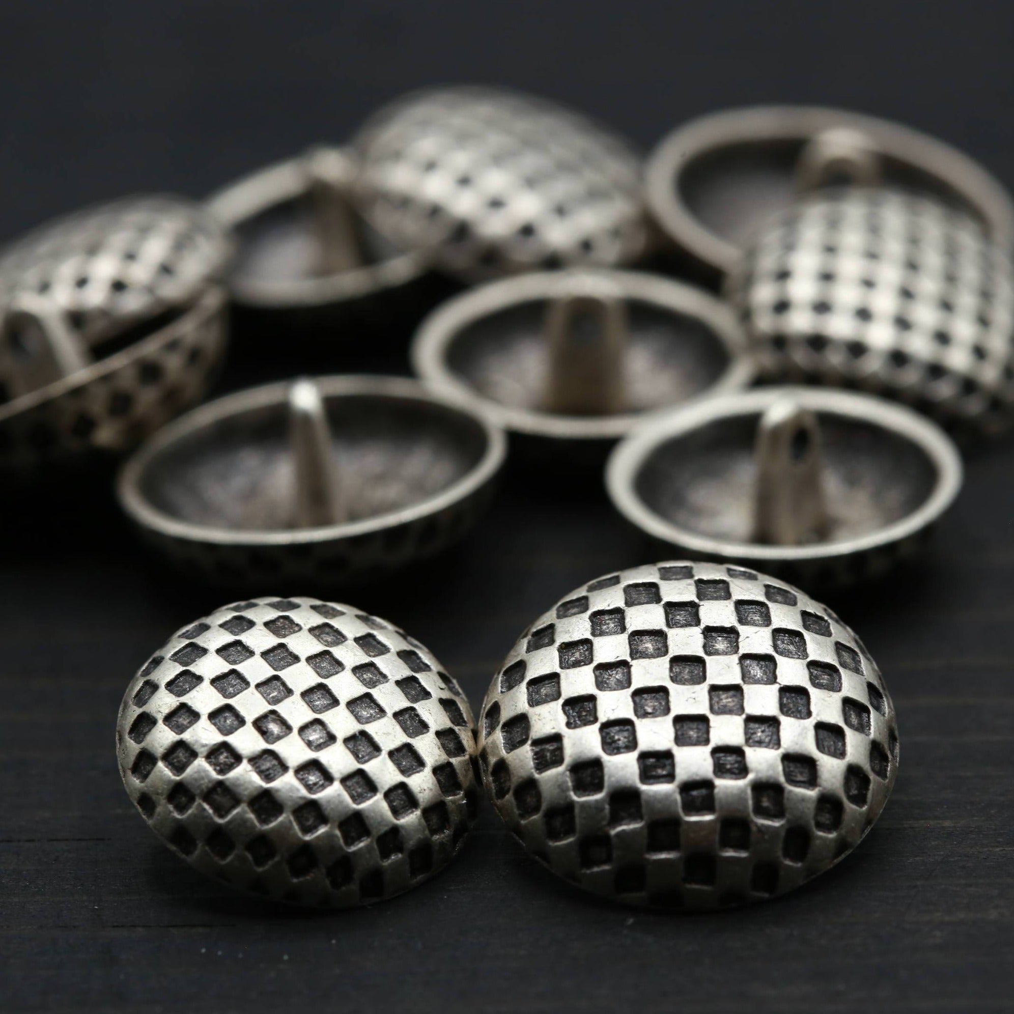 4 Silver Checkered Metal Button