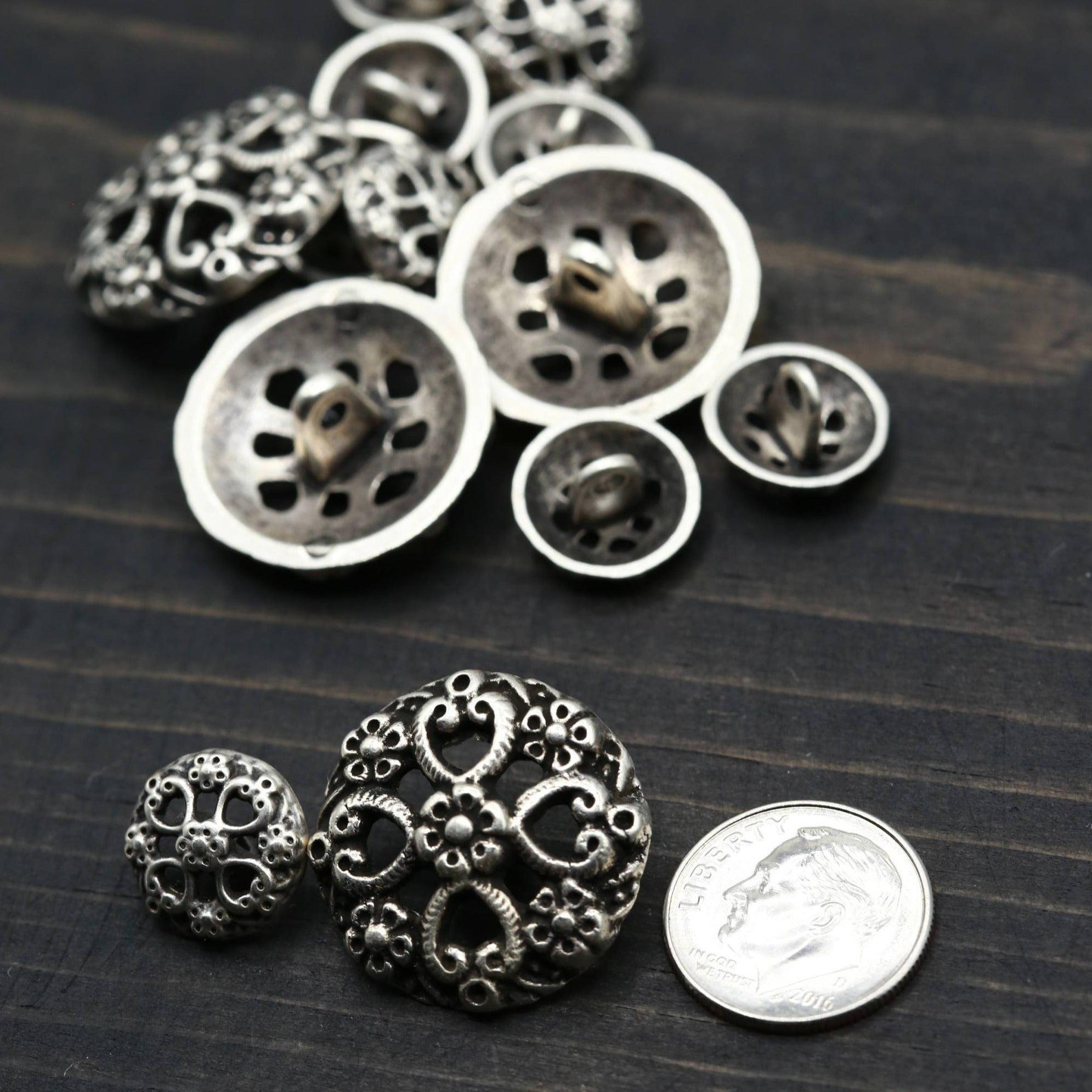 4 Silver Flower Swirl Metal Button