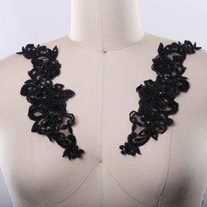 1 Pair Black Beaded Floral Print Sequins and Beading Collar Patch Applique