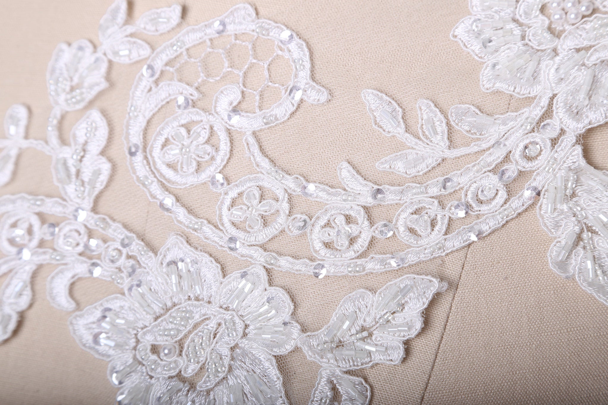 1 Pair Ivory or white Extra Long Beaded Lace Applique