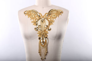 1 Gold Oversized Gold Neck Piece Beaded and Sequined Applique with Dangling Beads Hot Fix