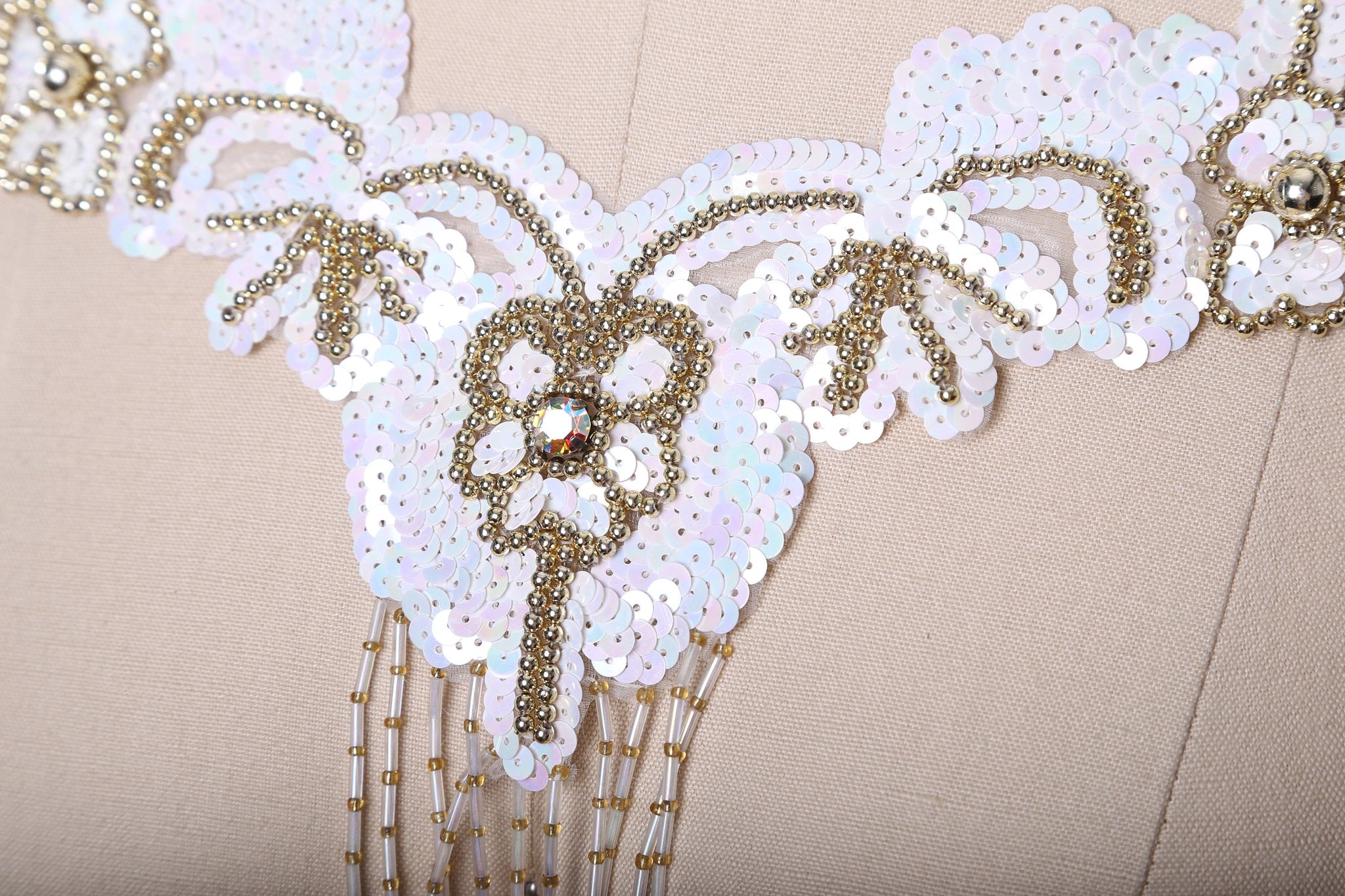 1 Sequin V Shaped Decorative with Beaded Fringe and Rhinestone Embellishment Patch Applique: White, or Gold or Peach