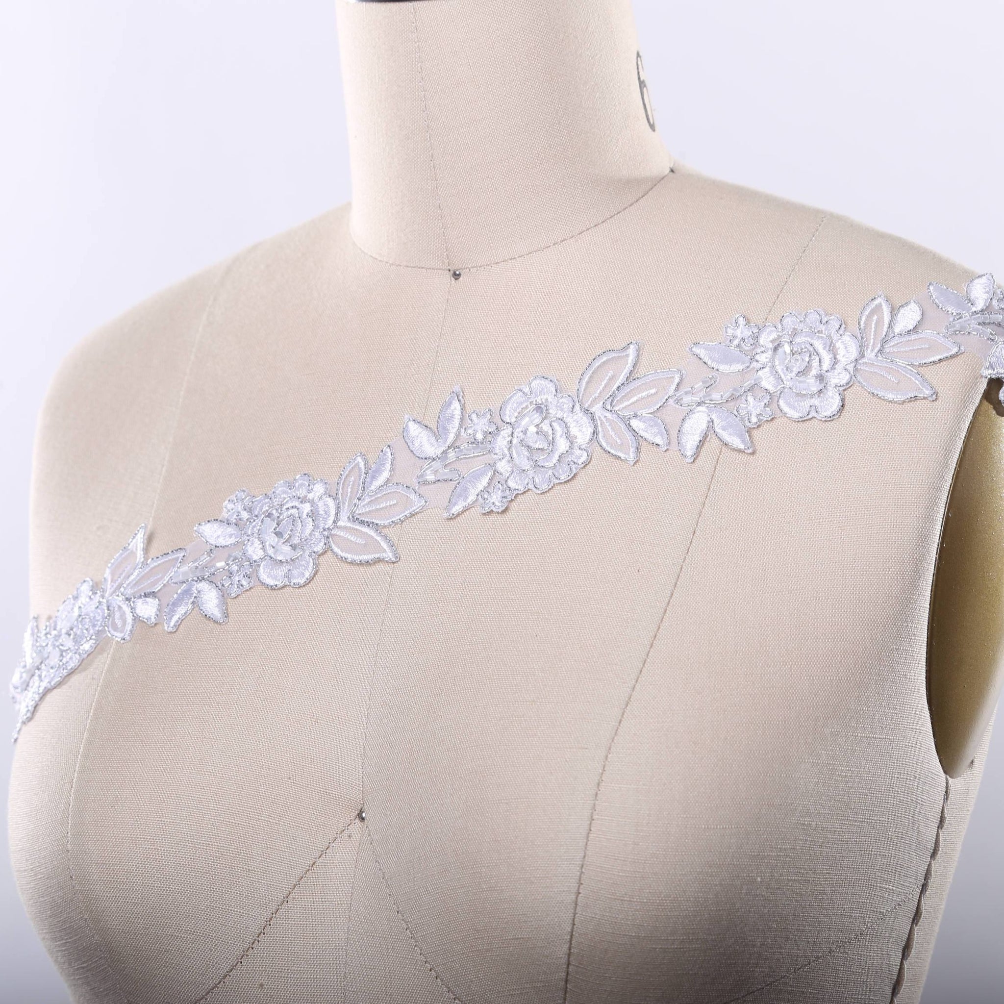 1 Yard 1.5" White and Silver Rose Bridal Lace Embellished with Beaded Trim