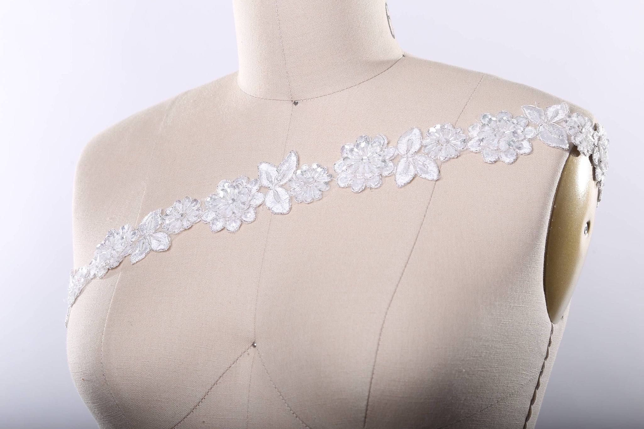 18" White and Silver or Ivory Lace Trim with Beaded 3D Flower and Leaf