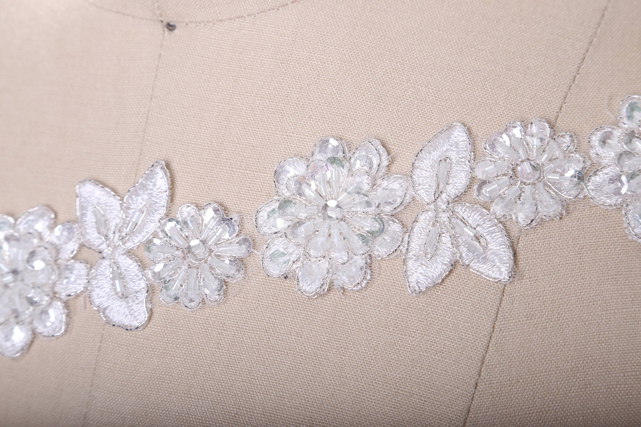 18" White and Silver or Ivory Lace Trim with Beaded 3D Flower and Leaf