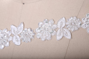 18" White and Silver or Ivory Lace Trim with Beaded 3D Flower and Leaf