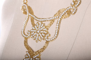 1 Gold or Silver Rhinestone Iron on Collar Neckline Applique with Flower Center