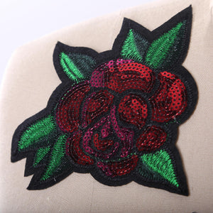 1 Vibrant Red and Green Leafs Sequined Rose Patch