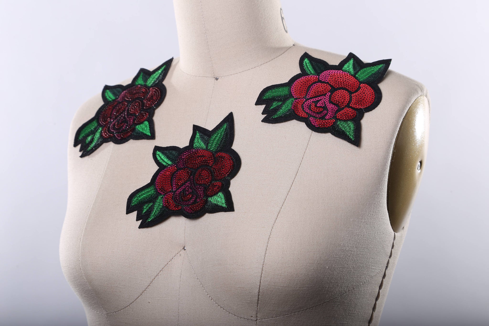 1 Vibrant Red and Green Leafs Sequined Rose Patch