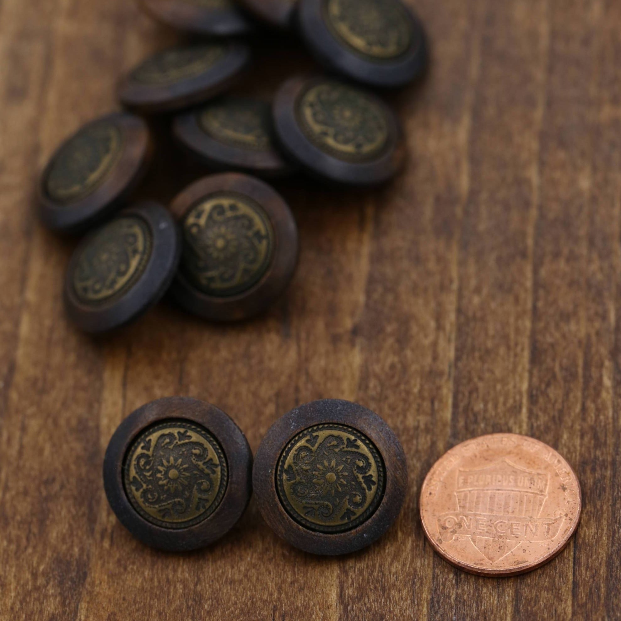 4 Brown Bronze Metal Backing Plastic Button