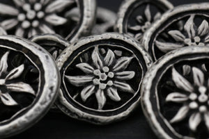 4 Silver Rustic Flower on a Wheel Oval Metal Button