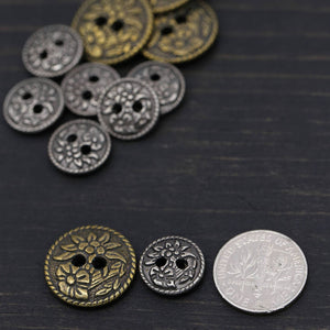 12 Bronze or Silver Flower Flat Metal Shirt Button