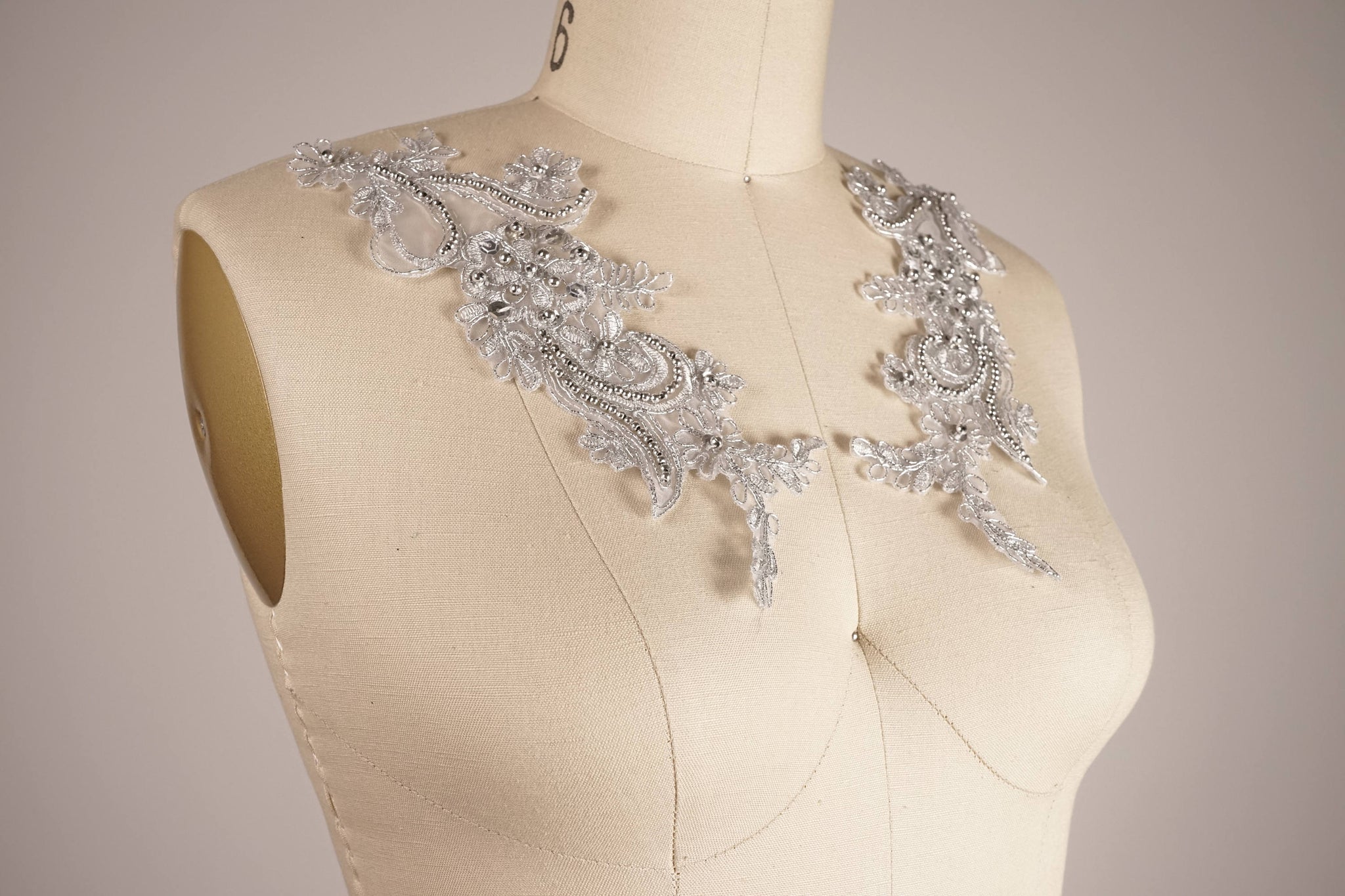 Metallic Gray Lace with Silver Pearls Applique Pair