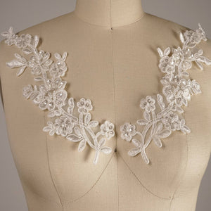 1 Pair Embellished Ivory or White Beaded Bridal  Lace Applique