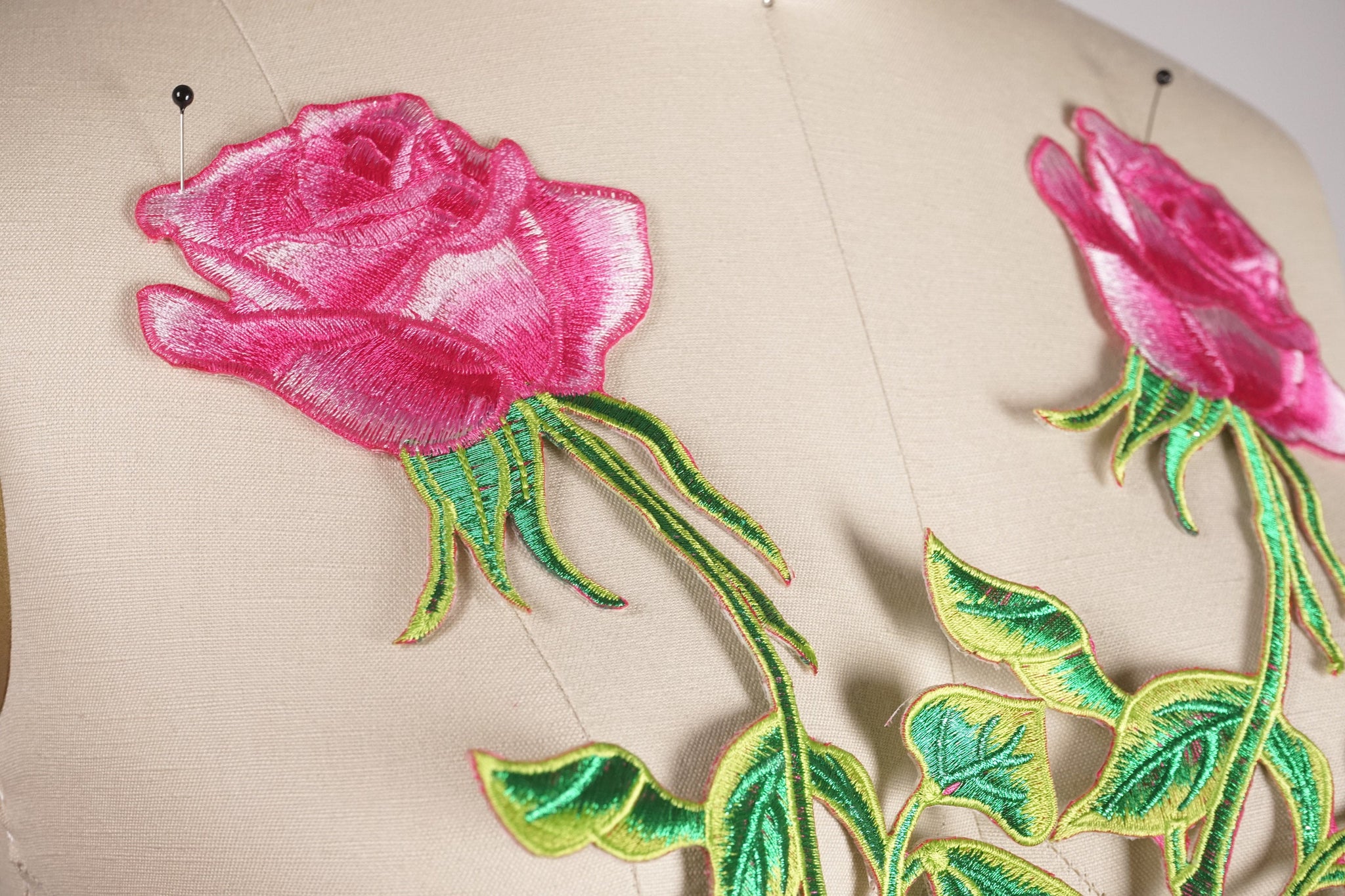 Flower Patches Rose Quarts Pink Rose Appliqué Embroidery Flower Patch. Iron On Triple Colored Rose Two Toned Green Leaf Steams