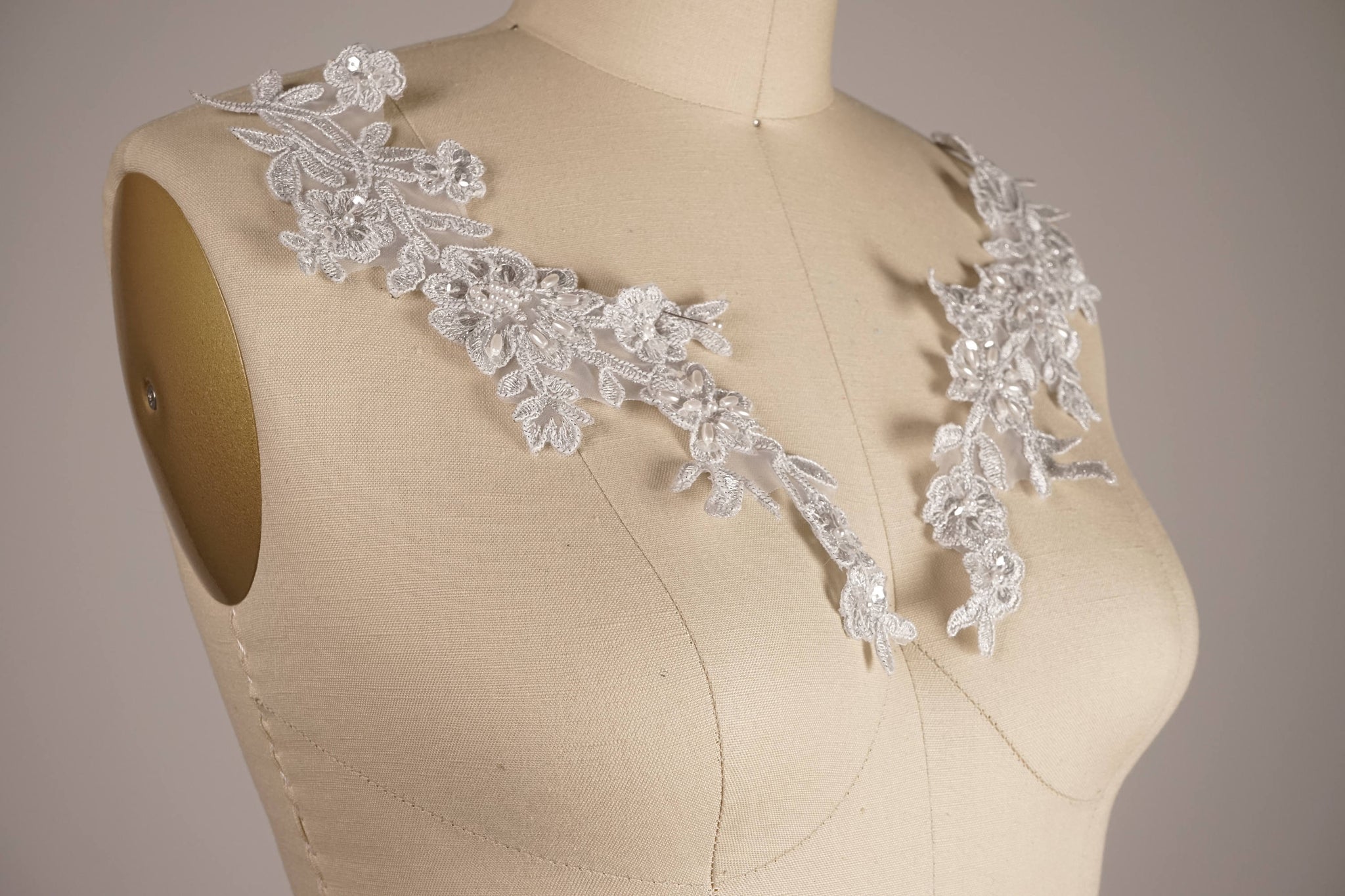 Subtle Shine Flower Branch Silver Lace Applique