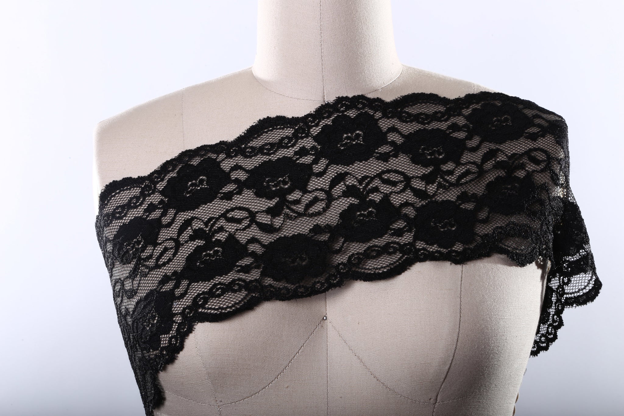 1 Yard 6.5" Wide Black Stretch Lace Flower Motif Elasticated Trim