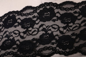 1 Yard 6.5" Wide Black Stretch Lace Flower Motif Elasticated Trim