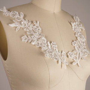 1 Pair Embellished Ivory or White Beaded Bridal  Lace Applique