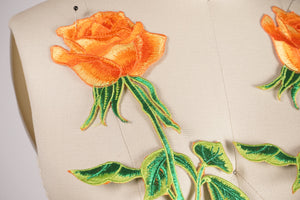 1 Tangerine Orange Rose Flower with Neon Metallic Green Workings Patch Applique