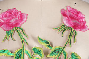 Flower Patches Rose Quarts Pink Rose Appliqué Embroidery Flower Patch. Iron On Triple Colored Rose Two Toned Green Leaf Steams