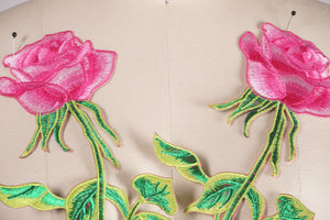 Flower Patches Rose Quarts Pink Rose Appliqué Embroidery Flower Patch. Iron On Triple Colored Rose Two Toned Green Leaf Steams