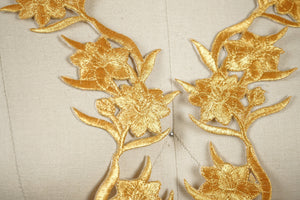 1 Pair 12.5" Gold Rose Embroidery Flower Long Metallic Patch Applique    .