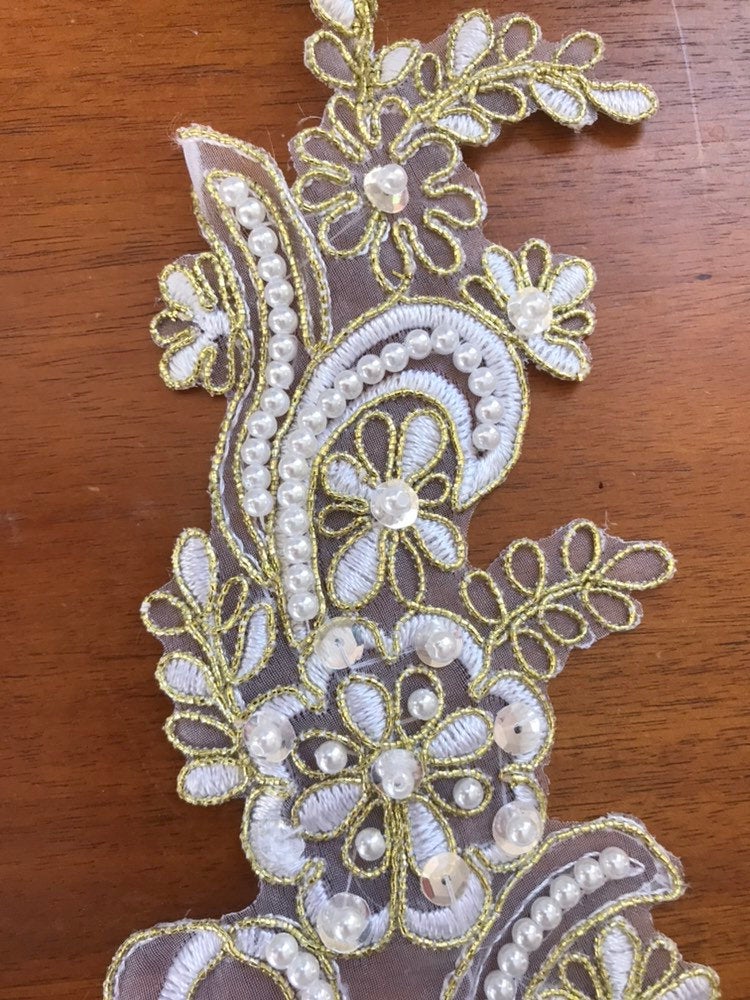 White and Metallic Gold Bridal Applique With Beautiful Thread Work and Pearls