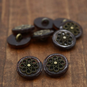 4 Pieces Brown Plastic and Metal Button with Bronze Flower Pattern