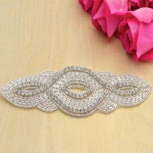 1 Silver Rhinestone and Beaded Elongated Almond Shape Iron on Applique/Patch