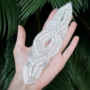1 Silver Rhinestone and Beaded Elongated Almond Shape Iron on Applique/Patch