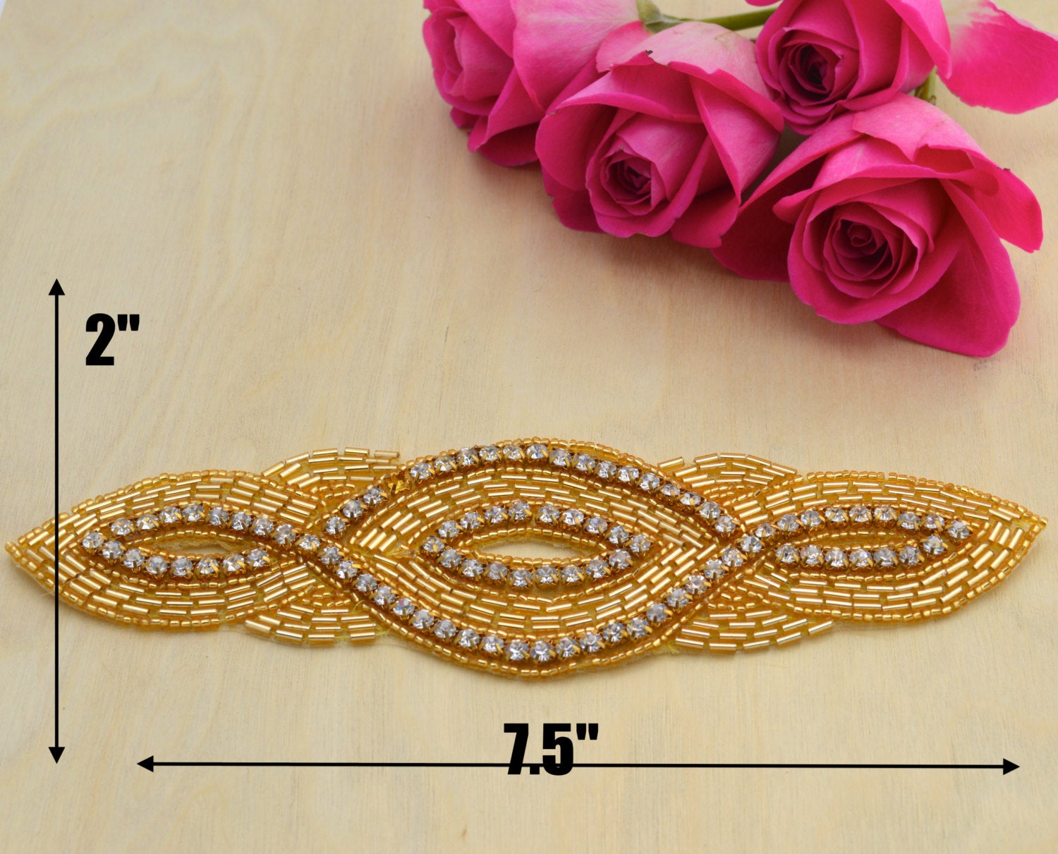 Long and Graceful Gold Rhinestone Applique/Patch with Ravishing Beads and Muted Rhinestones