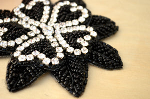 1 Patch/Applique 4" Black Beaded Double Layer with Silver Rhinestone and Heart Shape Flower