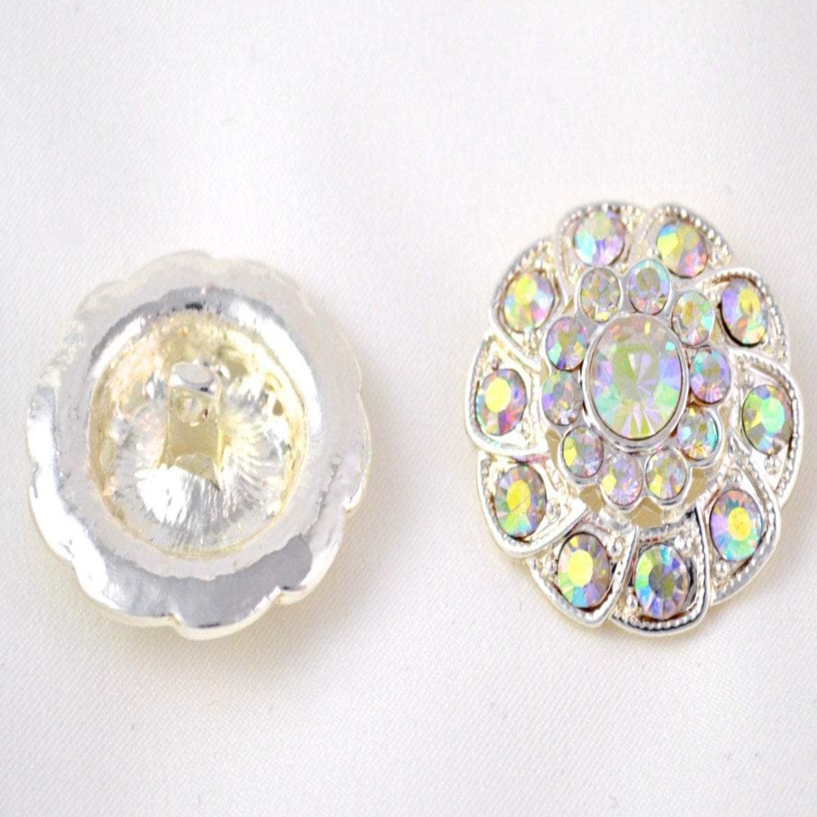 Iridescent rhinestone buttons white set in gold tone metal 25mm a set of 5