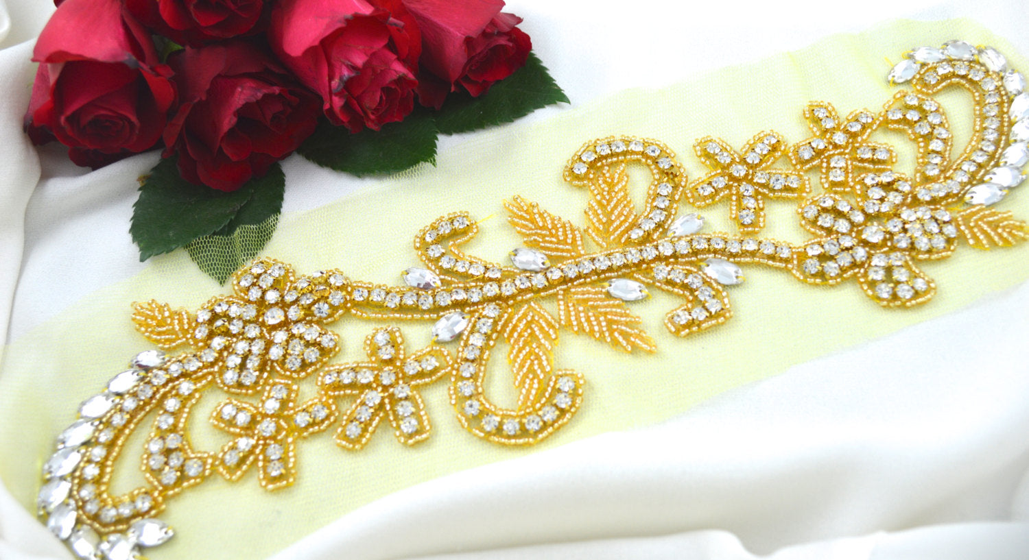 Handmade Gold Rhinestone and Beaded Long Flower Branch Applique