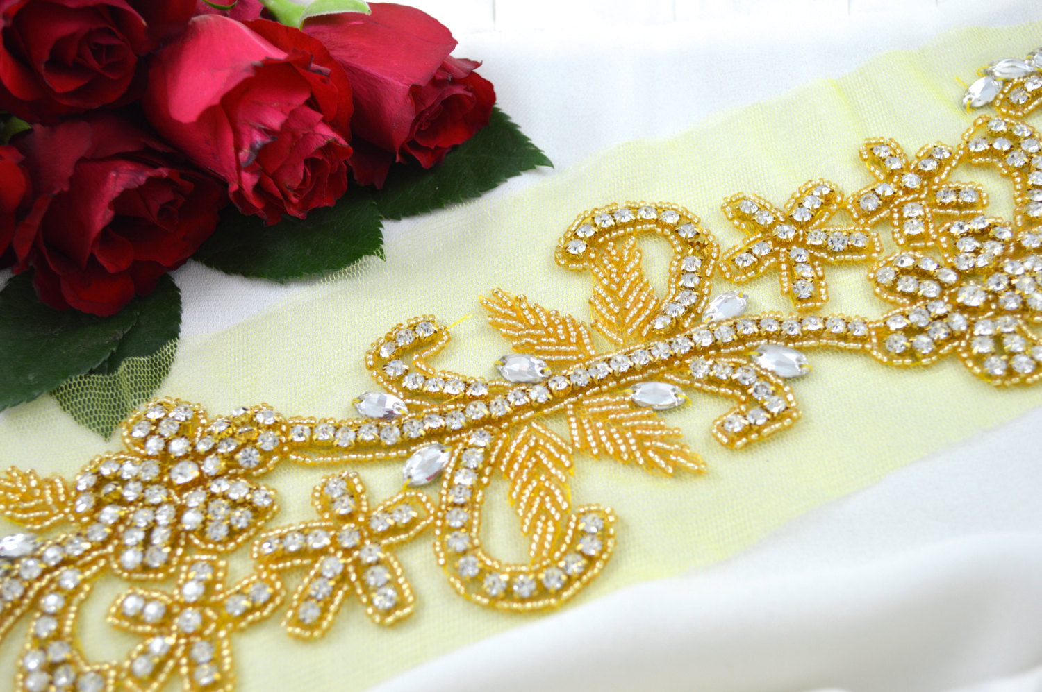 Handmade Gold Rhinestone and Beaded Long Flower Branch Applique