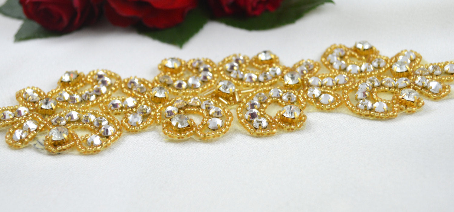 N19 Gold Glass Rhinestone Applique Snowflake Floral Beaded Patch Sewing  2.75