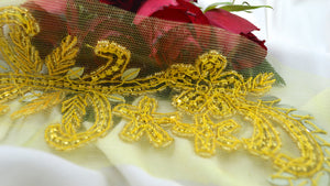 Handmade Gold Rhinestone and Beaded Long Flower Branch Applique