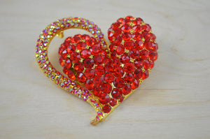 1 Bold Red and Gold Rhinestone Heart Broach with an Iridescent Arch