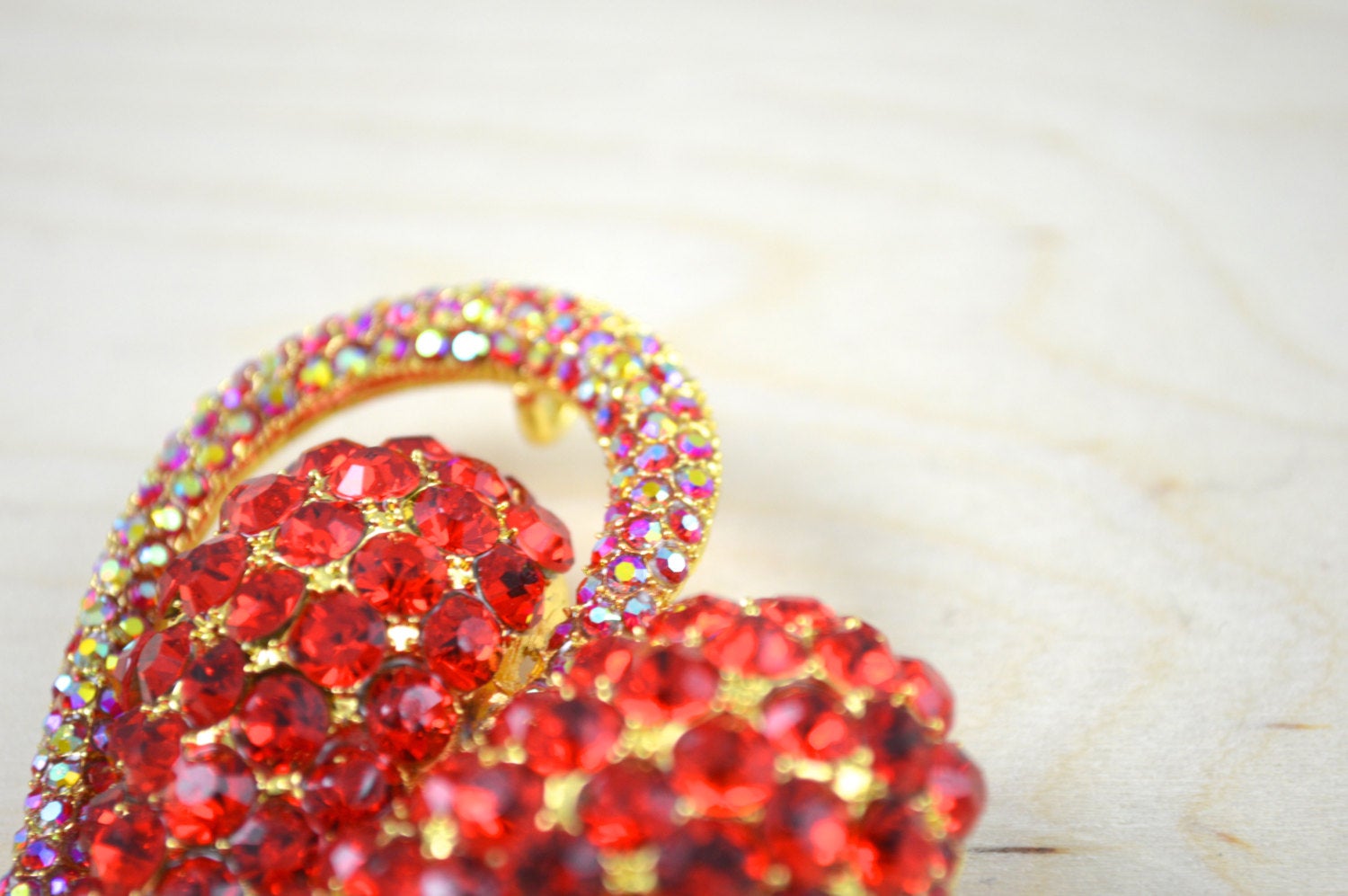 1 Bold Red and Gold Rhinestone Heart Broach with an Iridescent Arch